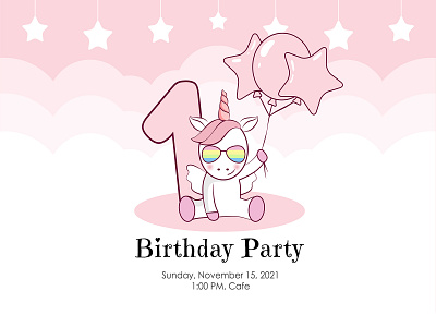 Birthday invitation for baby girl with cute unicorn