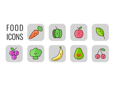 Сute food icons adobe illustrator apple avocado banana broccoli calad carrot characters cherry cute food grape graphic design icons illustration pepper tasty