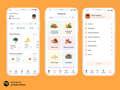 Home and profile screen designs for Grocery shopping app. animation app app design app designing branding design figma graphic design illustration logo mobile app motion graphics saas ui user experience user interface ux uxui vector web design