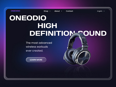 Main screen of the headphone store website dark design glassmorphism landingpage neon phone shots store ui website