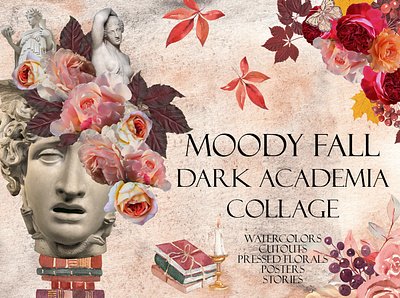 Moody Fall. Dark Academia Collage antique sculptures clipart collage dark academia fall floral graphic design watercolor illustration