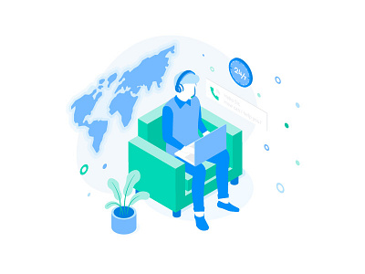 Customer Support Illustration call center character customer help help center isometric man map online support world