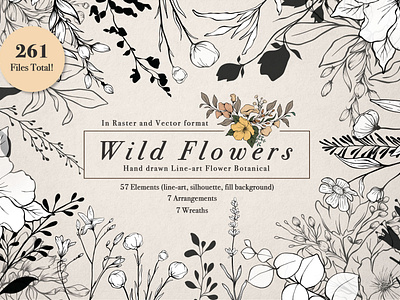 Wild Flowers Illustration Botanical background black and white botanical clipart botanical flowers botanical illustration botanical logo botanical pattern feminine logo floral bundle floral illustration floral wreath flower line art hand drawn botanical hand drawn flowers line art line illustration vintage flowers wedding clipart wedding invitation wild flowers