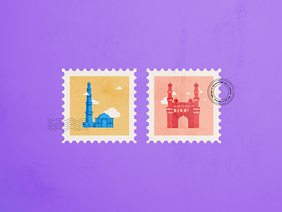 DAY019: Indian Monument Stamps 365daysofsomething char minar flat illustration india qutub minar stamps textures travel