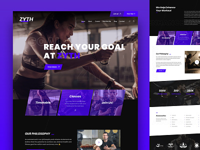 Zyth - Gym & Fitness Landing Page Web Design dark fitness gym landing pgae purple sport template theme trainer ui web design wordpress zyth