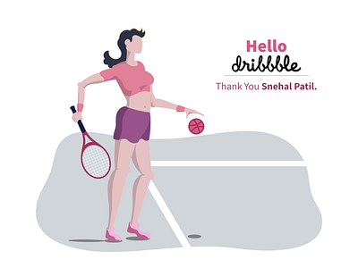 Hello Dribbble athlete dribbble female character firstshot hello hello dribbble illustration keynote player sports tennis tennis ball thank you thanks usopen vector