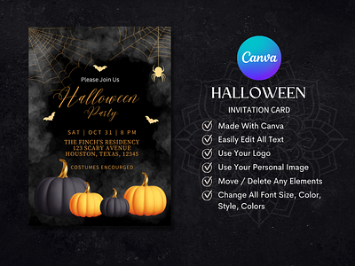 Editable Halloween Party Invitation canva dark design halloween halloween invitation halloween template invitation card invitation template