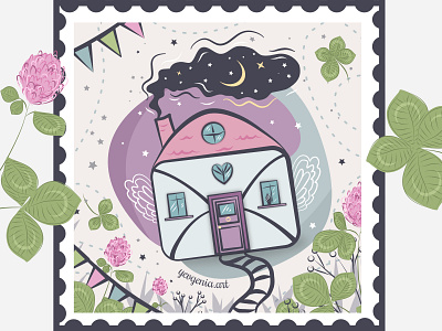 4 - The magic of paper letters or if I were home art clover drawing flying house home home sweet home illustration letters paper letters post postcard vector vector illustration