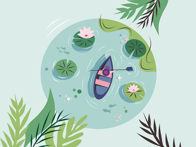 Serenity art boat drawing fishman flowers illustration lake lotus vector vectorart vectorillustration