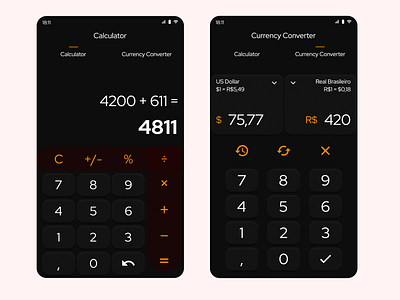 Calculator and Currency Converter 004 app calculator challenge converter currency currency converter dailyui dark design fancy math mobile app ui