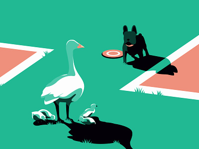 Springtime Encounter adobe illustrator chicks french bulldog goose greylag goose illustration park picnic springtime vector art