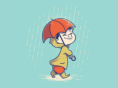 Kid Marching in the Rain cartoon character cute kid orange rain texture vector yellow