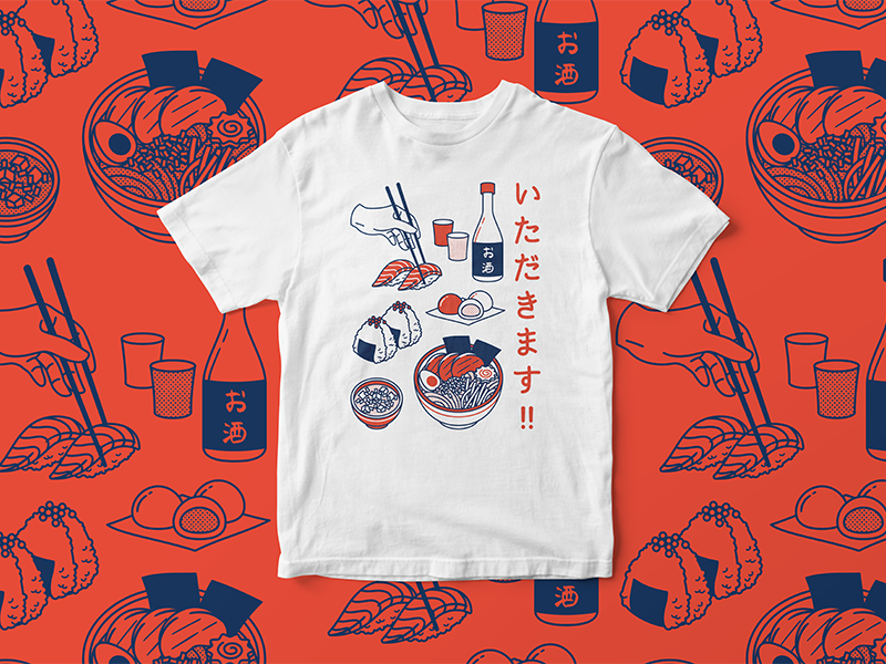 Itadakimasu!! onigiri mochi sake sushi ramen retro design illustration japanese food shirt apparel
