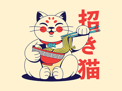 Maneki Neko cat character design fish food illustration japanese noodles ramen retro vector