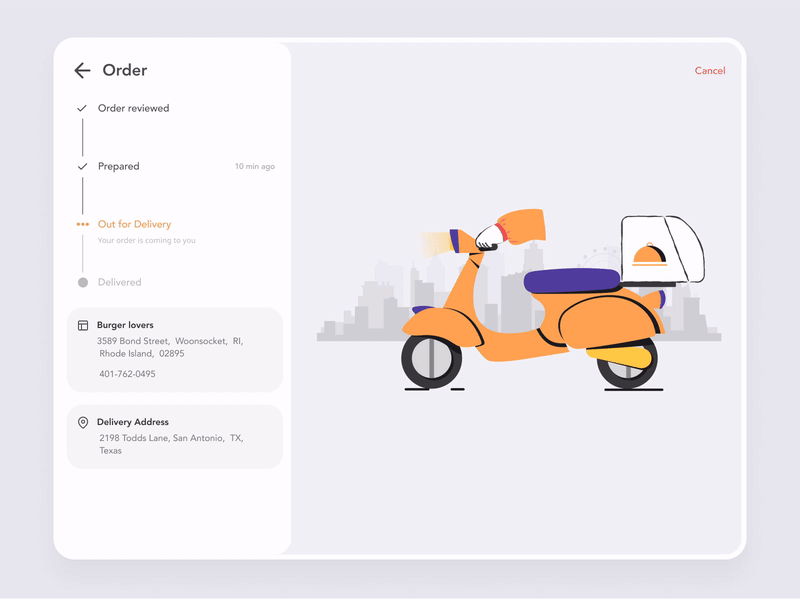 Out for Delivery 2d animation animation city cook cooking delivery delivery service drive food graphic design hand loop loop animation motion graphics moto motorcycle order road track ui