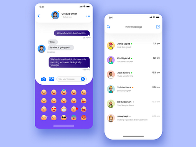 Social app UI chat - emoji character 2019 app application card chat clean design emoji graphics interace list message mobile project purple schedule typography