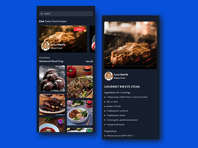 Tasty Live Food Recipes App - Dark Mode app buzz clean concept design food minimal mobile recipes restaurant tasty ui