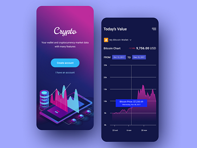 Crypto App app application blue clean crypto crypto wallet currency dark design feed graphic illustration interface ios minimal mobile ui ux