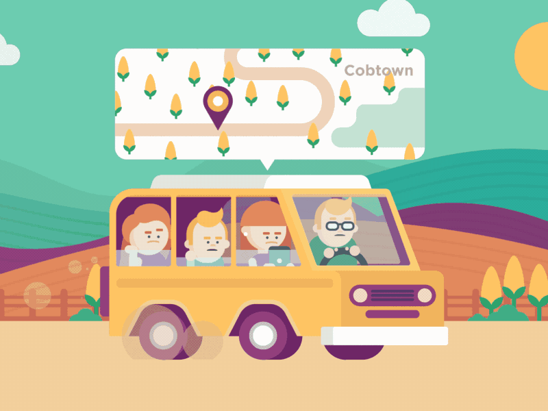 Road Trip animation car character corn cornfields design drive graphics illustration motion road trip