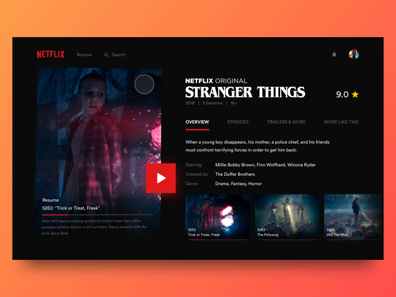Netflix Show Details animation card chill hover netflix play series stranger things video vod