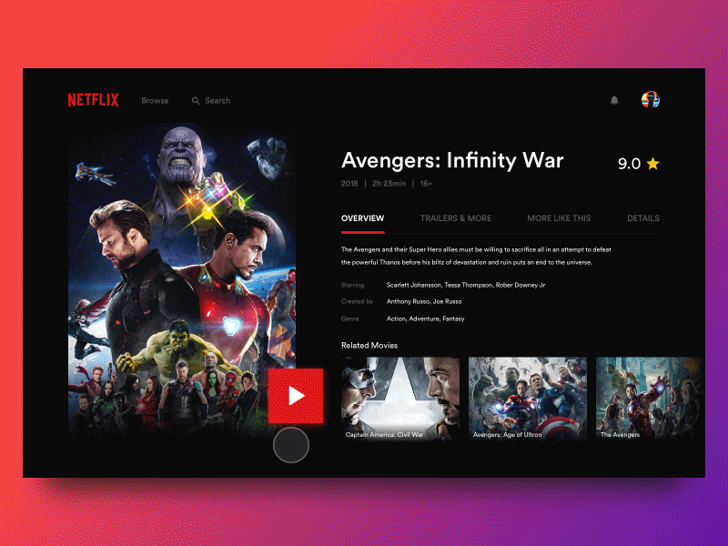 Netflix Movie Details animation avengers button card chill comic infinity marvel netflix play video war