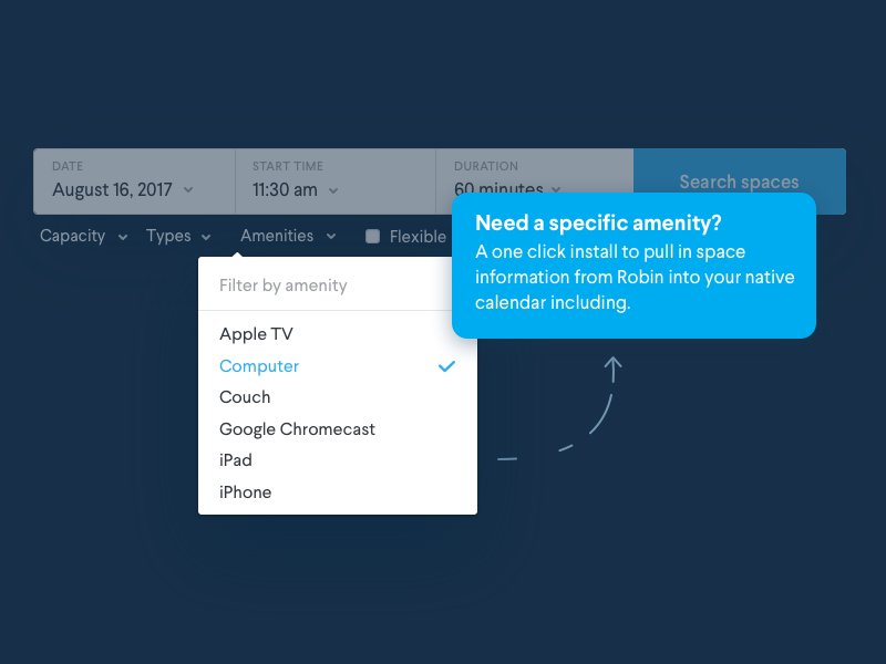 Amenity Filtering Callout arrow room booking calendar marketing tooltip filter