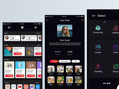 3 screens app black location mobile nearby profile user