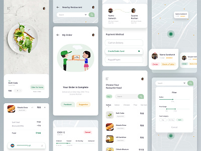 Food App app book a table checkout design dinner filter food home illustration location lunch map mobile navigation order payment method restaurant sketch track uiux