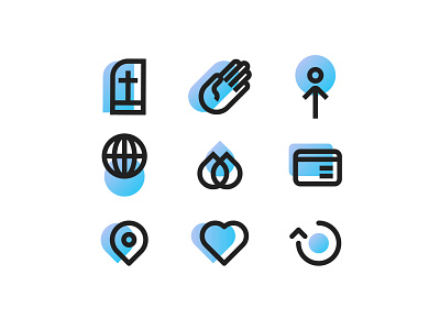 WaterVue Church Icons baptism branding church credit card globe gradient heart icon icons location location pin pray send serve vector water world