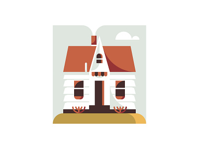 A Brisk Afternoon bush chimney cloud country curtains door hill home house house illustration midwest roof simple smoke tiny house vector windows wood