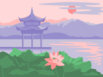 Pagoda china graphic design illustration mountains nenuphar pagoda travel water lily