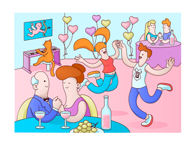 Valentine's day adobe illustrator balloons boyfriend cat musician character cupid dancing declaration of love fun girl graphic design holiday illustration lady lovers restaurant table valentines day vector wine