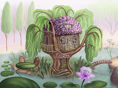 The house of the river mermaid bridge digital graphic design illustration island mermaids house old willow procreate river water lily wicker chairs willow vine house