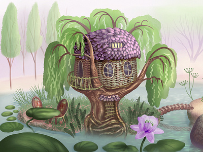 The house of the river mermaid bridge digital graphic design illustration island mermaids house old willow procreate river water lily wicker chairs willow vine house