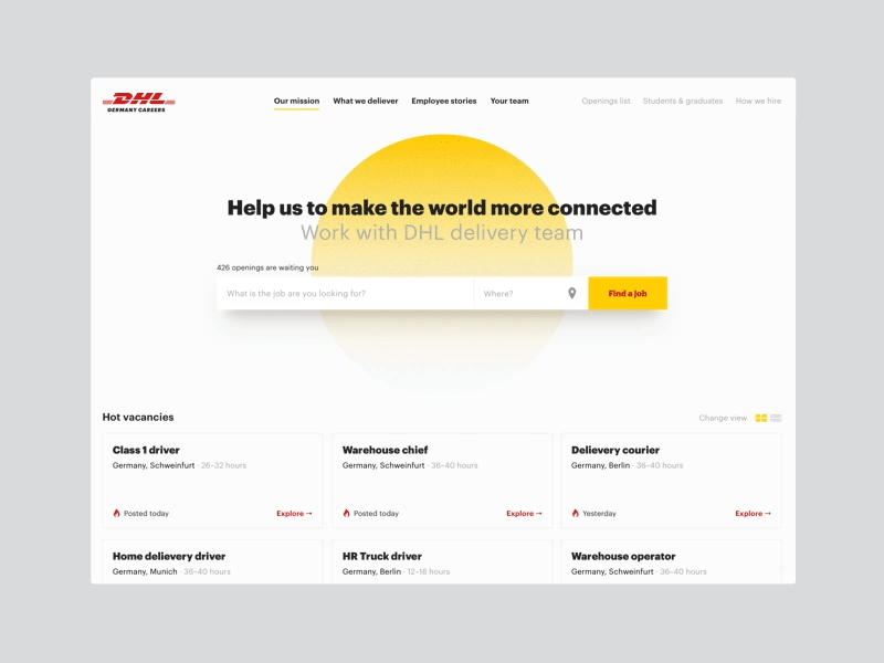 DHL team — deliver joy from dusk till dawn animation careers dhl illustration interaction jobs motion sun typography ui ux web yellow