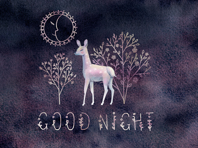 Sleepy Forest card cute deer good night hand drawn illustration kids magic night postcard poster scandinavian sleepy watercolor