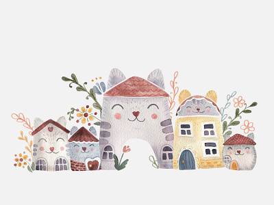 Meoworld card cat cat lover cute design dream funny hand drawn house illustration imagination kids meow poster town watercolor world