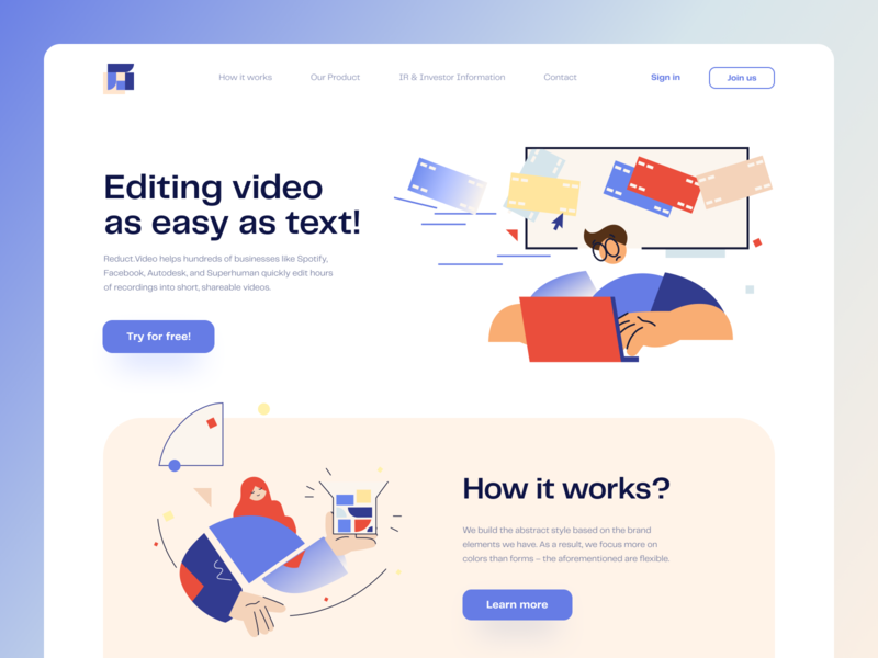 Reduct Video – B2B Web Service 2d app branding clean creative agency design studio flat design geometric hero page home page illustration landing page minimal onboarding trendy ui ux vector video edit web design