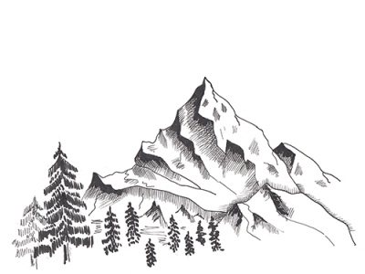 Mountain sketch. Hand drawn black mountains and forest hand drawn