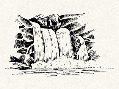 Waterfall. Hand drawn black and white sketch