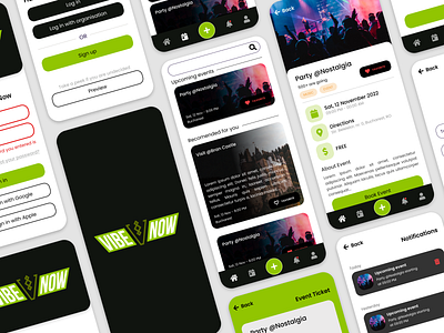 Vibe Now - Mobile app for events 2d app application branding design events hackathon ibm ios logo mobile mobile app parties product react native ui ui design ux uxui vibe now