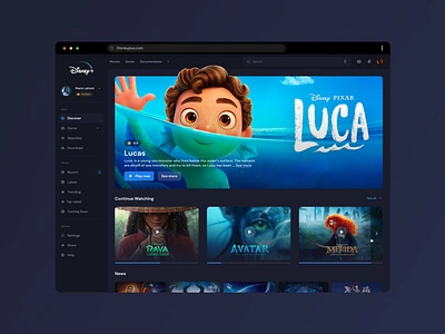 Disney+ Web challenge Dashboard version arkmode dark dashboard design desktop disney film movie movies pixar responsive ui web webdesign