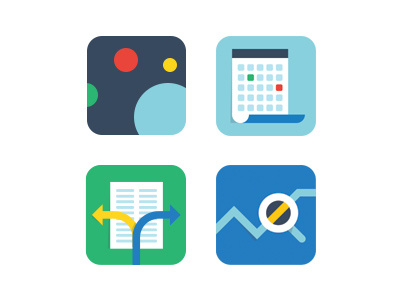 Pilot Features analysis app icons brainstorm calendar features flat icons illustration share