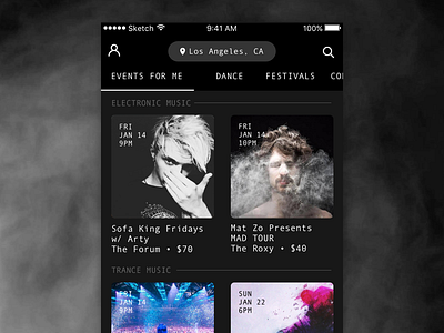 Concept for Personalized Event Feed black concerts dark events feed ios iphone local personalized shows