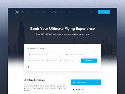 Jubba Airways: Home Page android user experience corporate service contact destination traveling vacation e ticket plan journey flight travel booking google analytics statistics illustration agency website landing page new minimal clean trend popular trending typography user interface template web design homepage