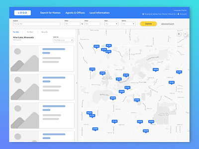 Real Estate Map Page - Wireframe blue clean estate gps gradient location map mockup real web website wireframe