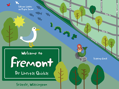 Fremont map animals cartoon fremont illustration map phillustrations seattle travel vacation vector