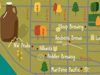 Ballard brewpup map autumn ballard beer cartoon fall illustration map northwest phillustrations seattle travel vector