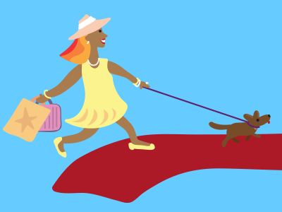 Red carpet shopping boutique cartoon editorial fashion illustration pets retail shopping vector