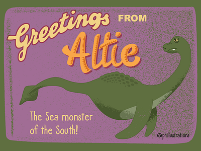 Altamaha-ha animal cryptid folk georgia illustration legend lettering monster postcard vector